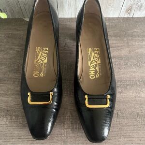 Salvatore Ferragamo Black Heels with Gold Accent 6.5